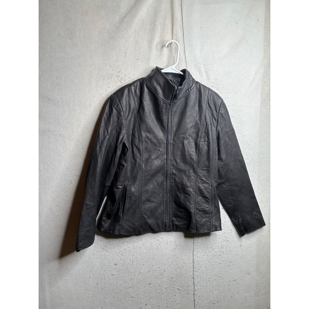 Nine West Womens Black Genuine Leather Full Zip Stand Collar Jacket XL 8738